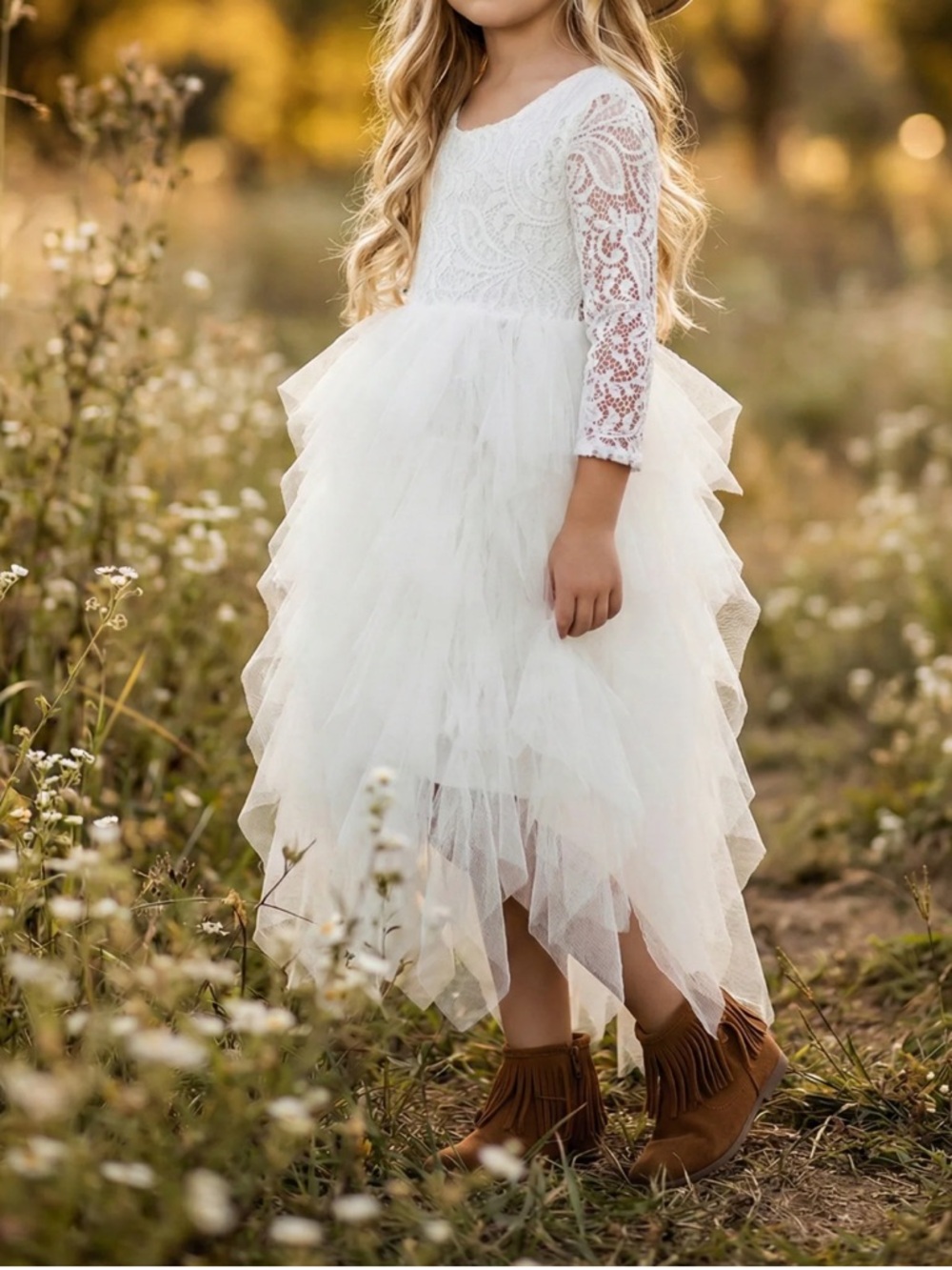 2Bunnies Girls' 9-10yr Peony Lace Tiered Sleeve Maxi Flower Girl Dress White